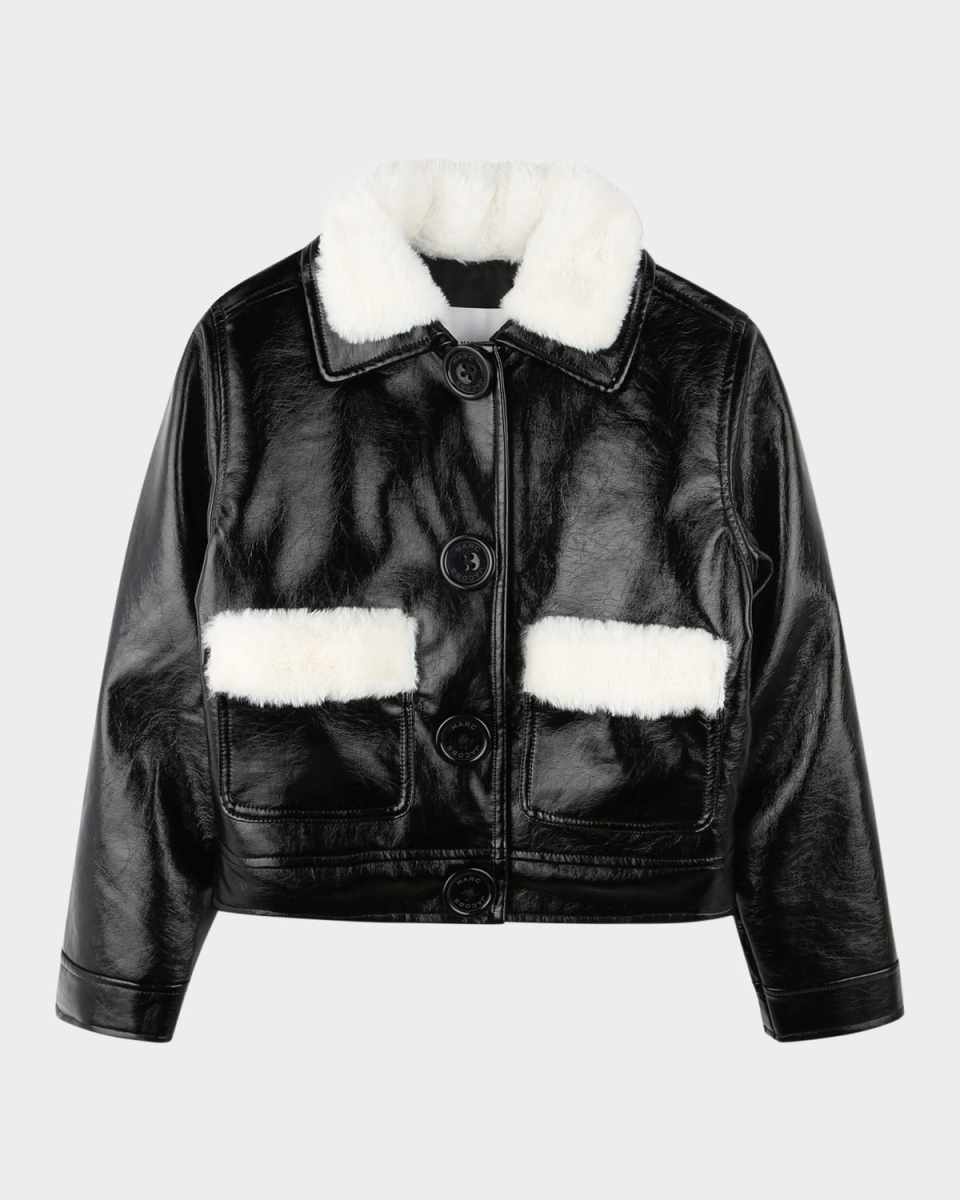 Girl's Faux Leather Bomber Jacket with Teddy Trim, Size 8-